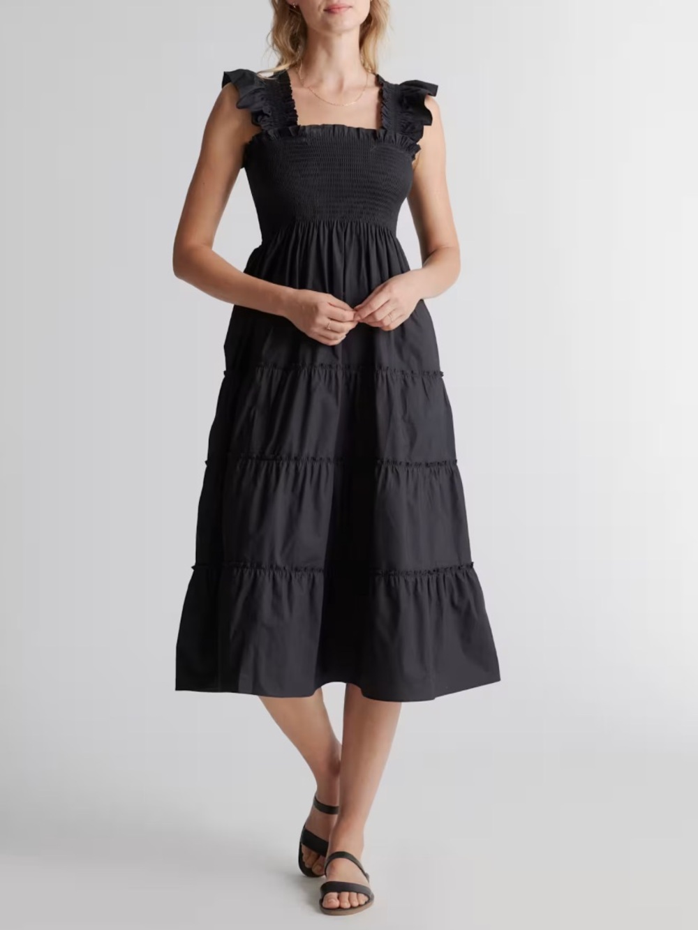 Quince 100% Organic Cotton Smocked Midi Dress Black Milkmaid Tiered Ruffle-Large